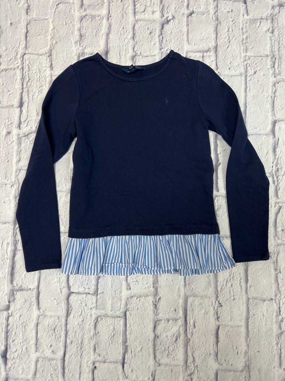 Lauren Ralph Lauren Navy Long-Sleeve Top with Blue & White Striped Ruffle